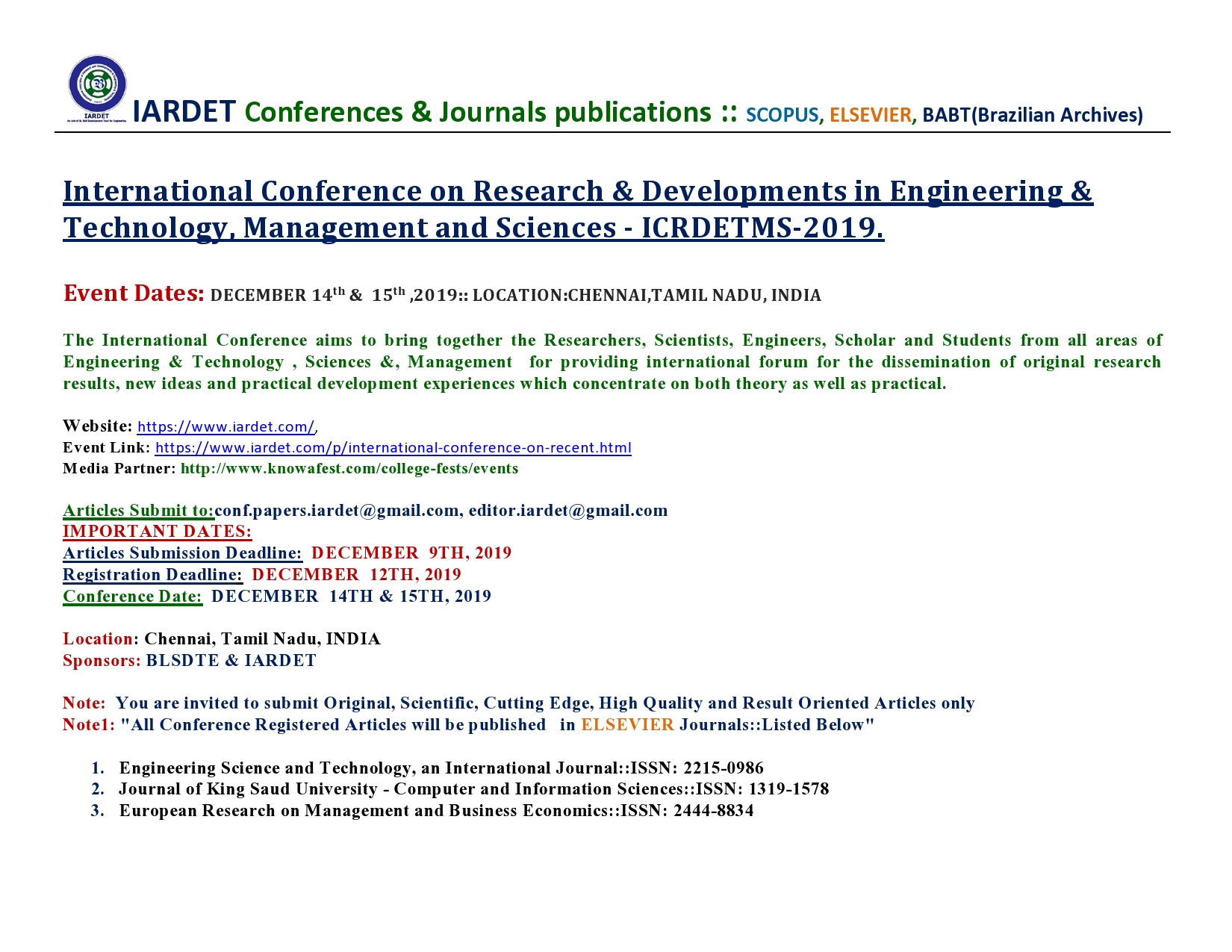 International Conference on Research and Developments in Engineering and Technology, Management and Sciences ICRDETMS 2019